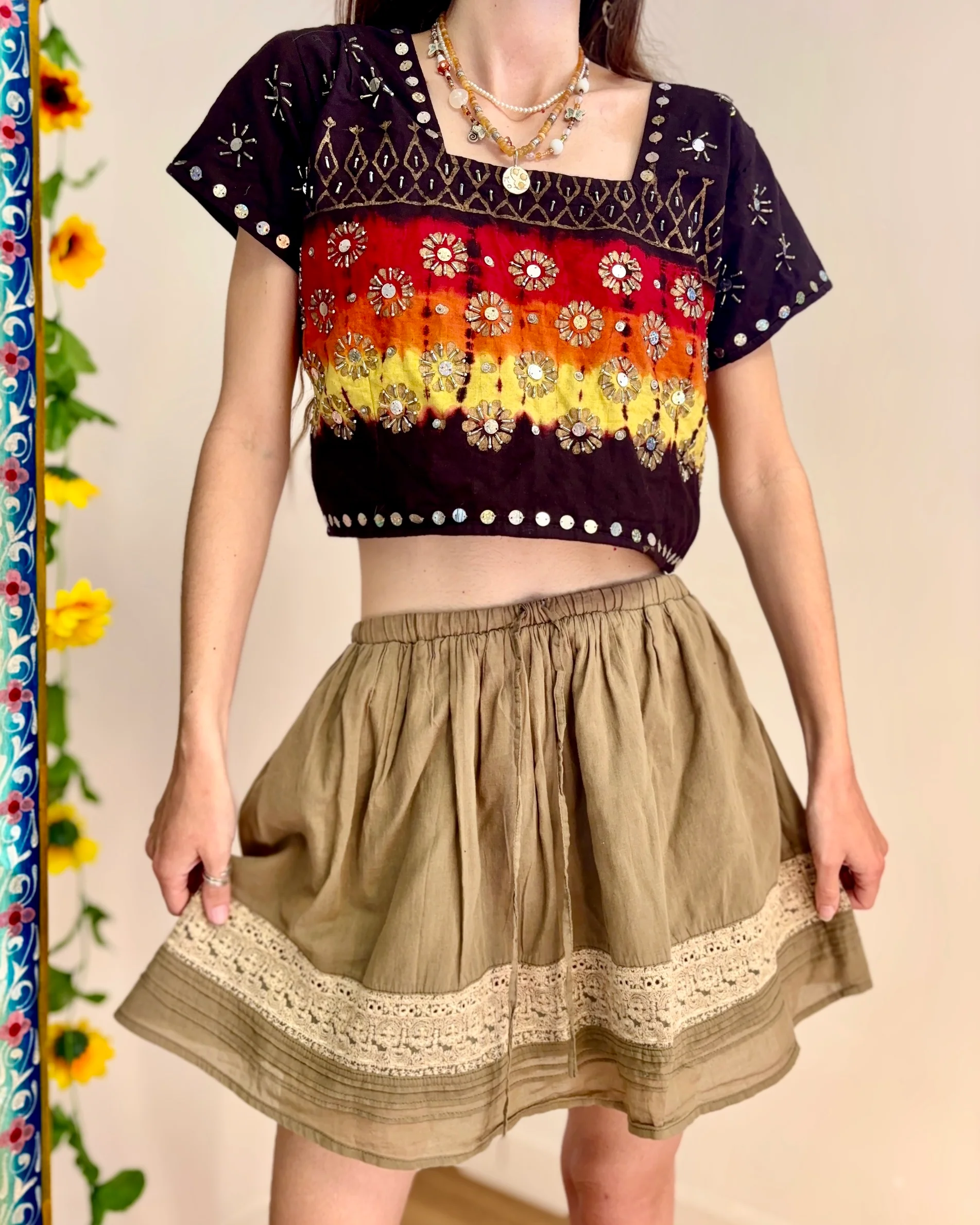 Bohemian Flower Embroidered Top And Skirt Set