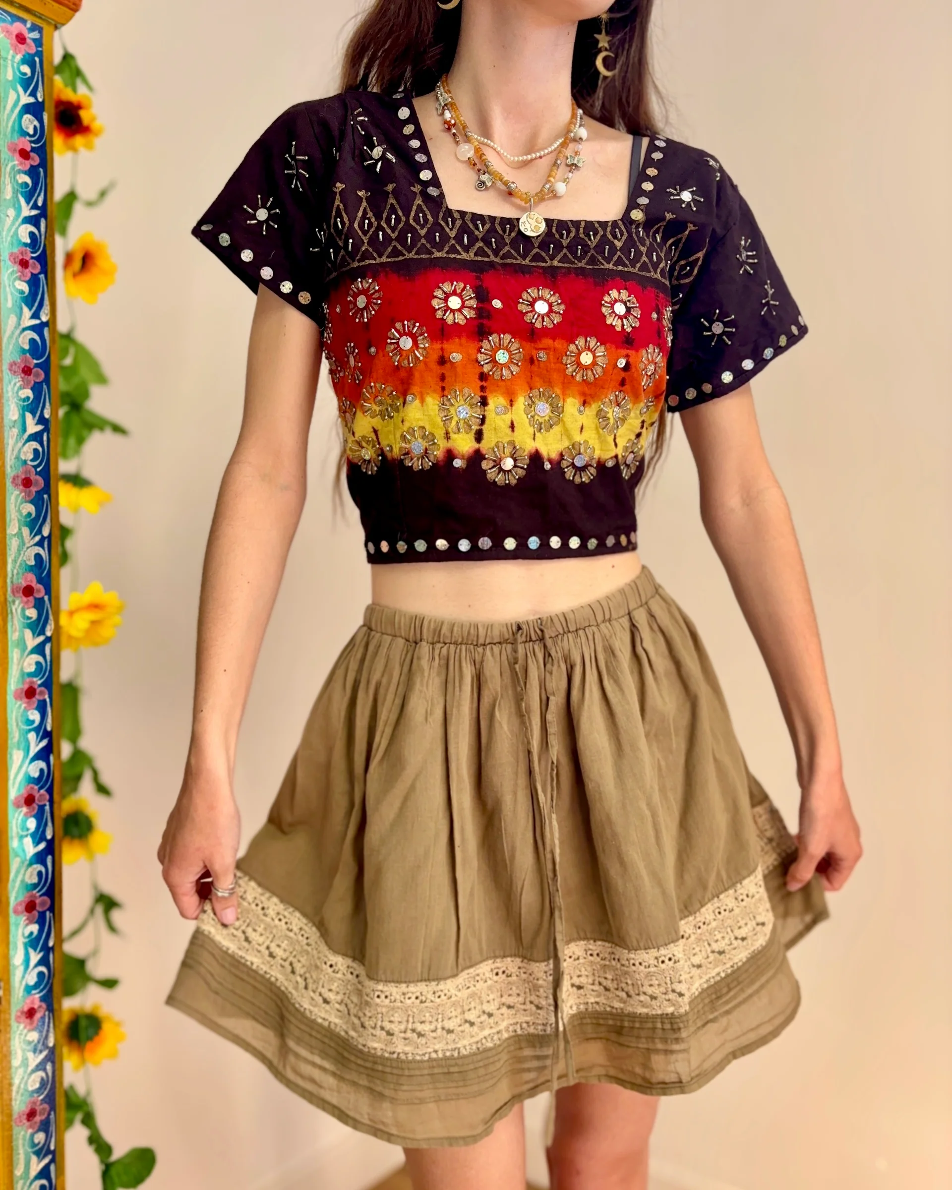Bohemian Flower Embroidered Top And Skirt Set